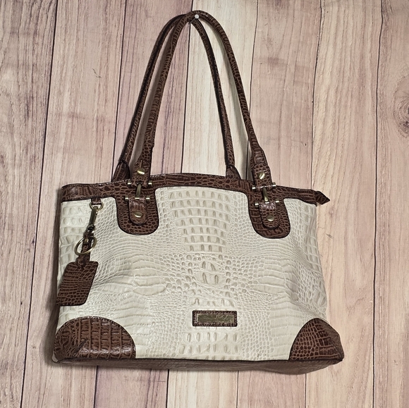 Etienne Aigner Leather Vintage Croc Embossed  Cream & Brown Tote Satchel 15x10" - Picture 5 of 15